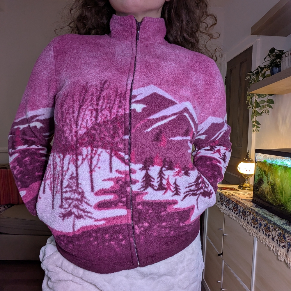 Vintage Zip Sherpa Polar Pink Mountain Scene Jacket